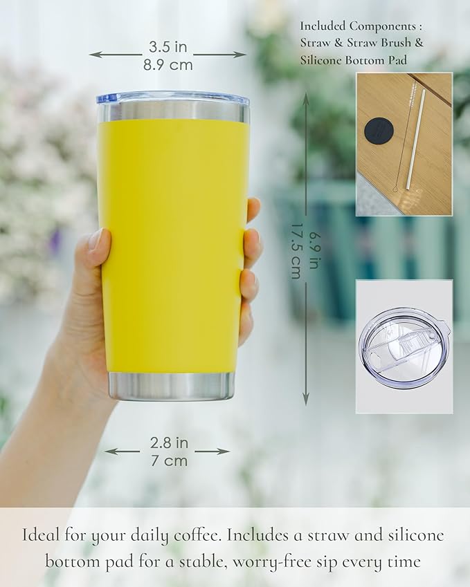 Travel Coffee Tumbler 20oz, 1 Pack Leakproof Travel Coffee Mug with Lid and Straw, Stainless Steel Double Wall Vacuum Insulated Tumbler for Hot/Iced Drinks (Textured Matte, Yellow) - Bloomnest