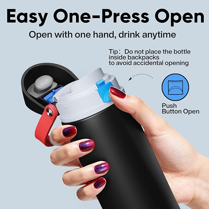 Insulated Water Bottle with Straw - Encool Stainless Steel Water Bottle with Push Button Lid, Leak-Proof & BPA-Free, Keeps Cold for 24 Hours for Sports, Travel, Gym (24 oz, Oil Black) ENCOOL