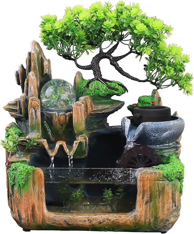 Gdrasuya10 Indoor Fountain, Tabletop Rockery Fountain with LED Lights, Goldfish Waterfall, Durable Resin Material, Ideal for Office, Home, Bedroom