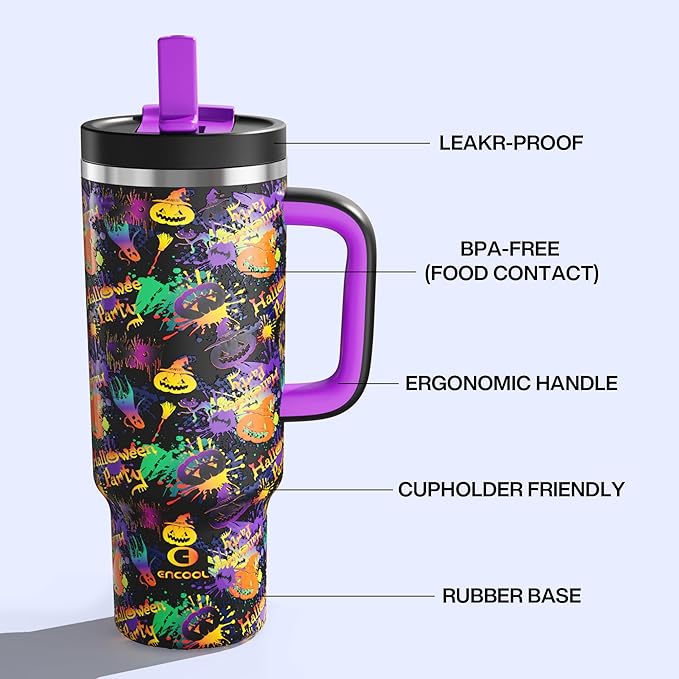 ENCOOL 40 oz Tumbler with Handle and Straw: Stainless Steel Insulated Tumbler Keeps Cold for 24 Hours, Leakproof Travel Cup Fits in Cup Holder and BPA-Free, Ghost Party ENCOOL