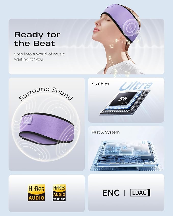 MUSICOZY Sleep Headphones Soft Bamboo Cotton Headband Headphones for Sleeping, Sleep Headphone Wireless Bluetooth 5.4 with Ultra-Thin HD Stereo Speaker for Unique Gifts(Lavender Purple) - Bloomnest