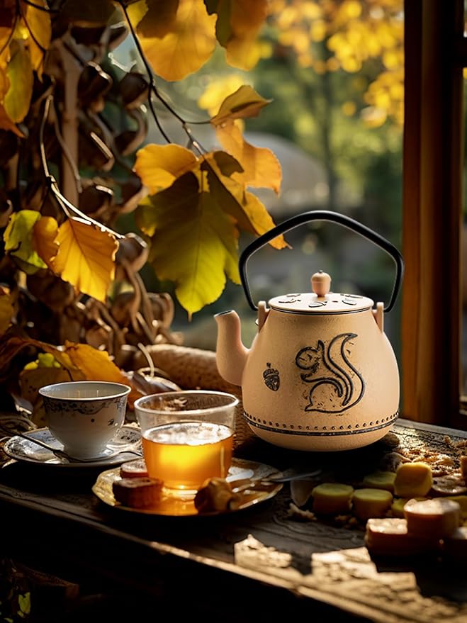 Toptier Teapot with Removable Infuser, Cast Iron Tea Kettle Stovetop Safe, Squirrel Design Tea Pot Coated with Enameled Interior for 32 Ounce (950 ml), Orange - Bloomnest