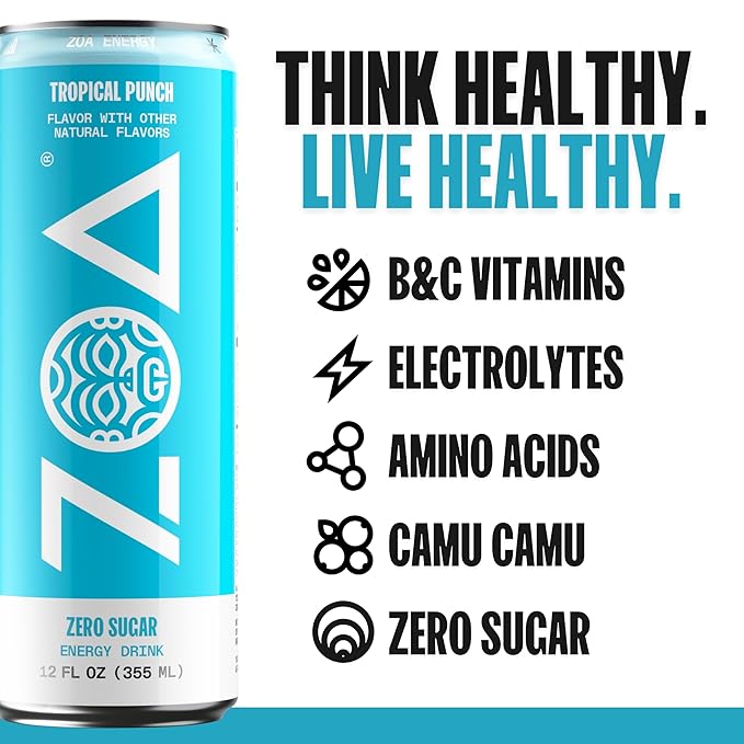 ZOA Zero Sugar Energy Drinks, Tropical Punch - Sugar Free with Electrolytes, Healthy Vitamin C, Amino Acids, Essential B-Vitamins, and Caffeine from Green Tea - 12 Fl Oz (12-Pack) - Bloomnest