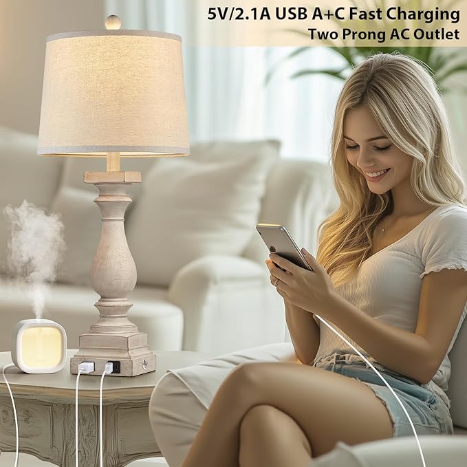 28" Tall Farmhouse Table Lamps Set of 2 with USB C+A Ports and AC Outlet, 3 Way Touch Control Rustic Bedside Lamp for Bedroom, Beige Vintage Nightstand Lamp for Living Room Office - Bloomnest