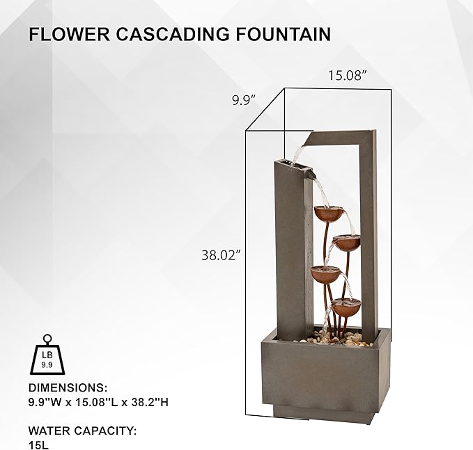 XBrand Freestanding Sculptural Metal Multi-Tiered Flower Water Fountain, No LED Lights, Gray and Bronze, 38" Tall