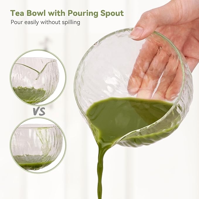 10-Pcs Matcha Whisk Set Kit, Whisk and Bowl with Spout & Measuring Spoon & Cup, Japanese Matcha Tea Making Tools, Transparent Textured Glass - Bloomnest