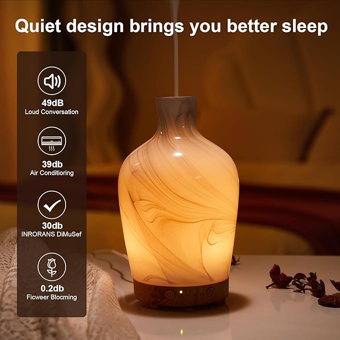 Classical Vase Art Glass Aromatherapy Diffuser 160ml ultrasonic Cool Mist Scent Aroma Essential Oil Diffu er Humidifier with Intermittent Mist & LED 7 Colorful Changing Night Light for Bedroom - Bloomnest
