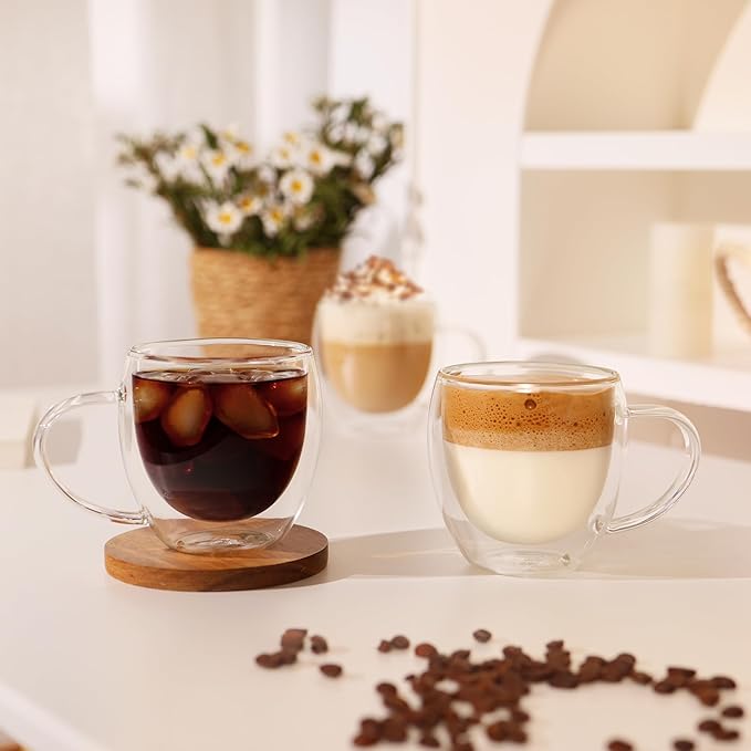 CNGLASS Double Walled Glass Coffee Mugs with Handle,12oz Insulated Glass Mugs with Handle,Clear Espresso Cups for Latte,Cappuccino,Tea Bag,Set of 2 - Bloomnest