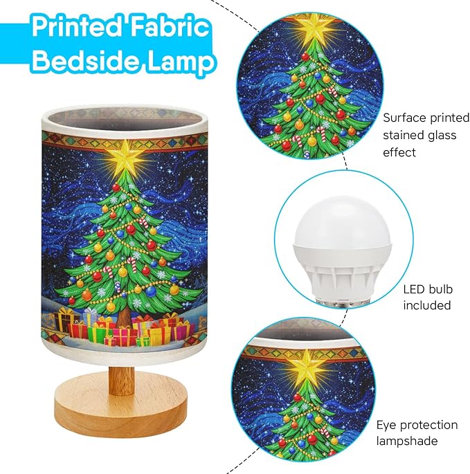Christmas Tree Table Lamp LED 3-Color Pressed Bedside for Merry Christmas, Christmas Tree Shade Christmas Table Lamp with Wood Base for Bedroom Living Room Desk Office - Bloomnest