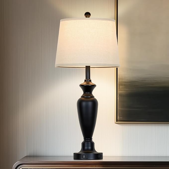 30" Tall Black Table Lamp, 3-Way Dimmable Touch Control Bedside Lamp with USB A+C & AC Outlet for Bedroom, Living Room (1 Pack) - Bloomnest
