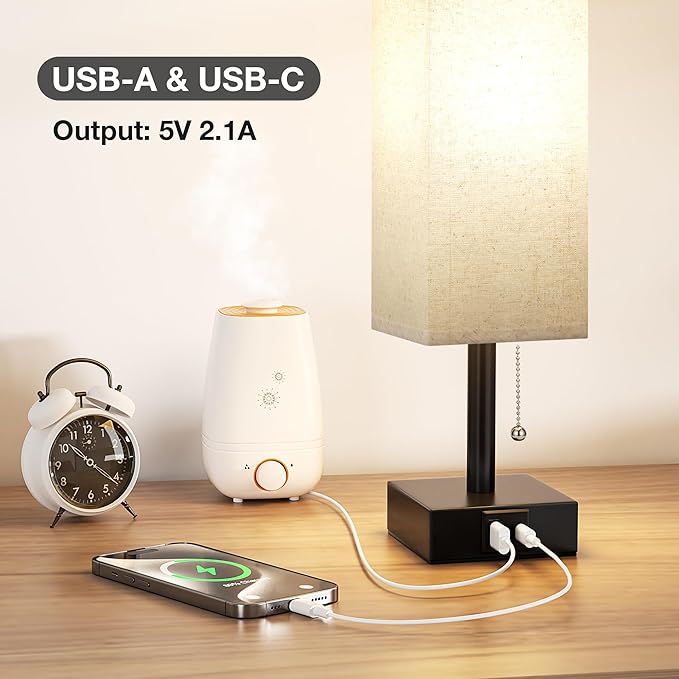 Small Linen Bedroom Lamp - 3 Color Temperature 3000K 5000K 4000K Bedside Lamp, Pull Chain Control, USB A and C Charging Ports, Black Base, for Kids Office Dorm, Bulb Included - Bloomnest
