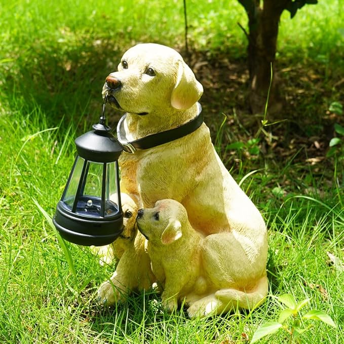 Dog Statues Outdoor with Solar Lights Lantern, Resin Dog Figurines Decorations for Yard and Lawn, Housewarming Gift for Garden Home - Bloomnest