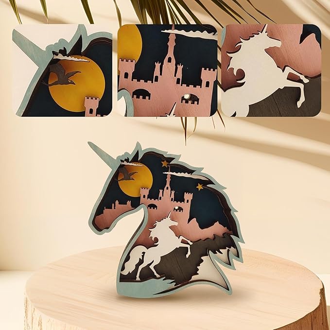 Drawelry 3D Wood Carving Animals Lamp Home Decorative, Cute Bear Family Elephant Presents Ideas Christmas Living Room Office Decor Warm LED Night Lights Gift for Friend Daughter Son Mom Dad (Unicorn) - Bloomnest