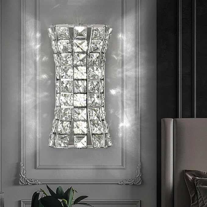 Crystal Wall Light Fixtures,Modern Chrome Wall Lamp with Clear K9 Crystals,Luxury Crystal Wall Sconces for Living Room Bedroom Bathroom Hallway Doorway Stairway,Bedside - Bloomnest
