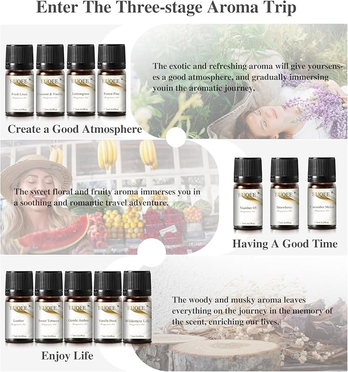 EUQEE 12pcs Fragrance Oils Gift Set, Premium Essential Oils Set for Diffuser, Candle, Soap Making, Travel, with Amber, Coconut&Vanilla, Fresh Linen, Leather, Forest Pine, Gift Set for Women and Men EUQEE