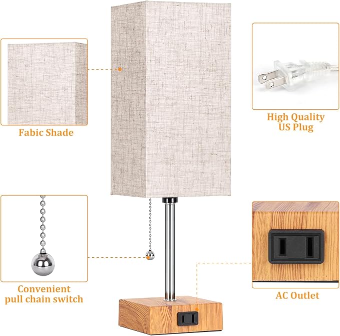 Table Lamp for Bedroom set of 2,3-Color Bedside Lamps with Pull Chain Table Lamps for Nightstand with AC Outlets,Small Night Light Lamps with 2 Bulbs Lamps for Living Room Kids Room Office Decor（Wood） - Bloomnest