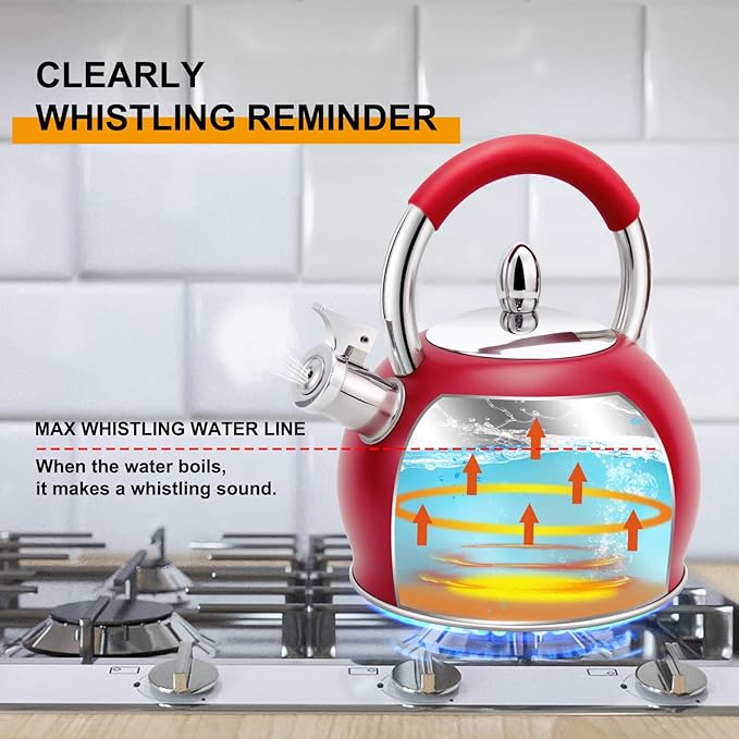 Whistling Tea Kettle for Stove Top Stainless Steel Tea Pot with Ergonomic Silicone Handle Teapot for Stovetop 3.2 Quart / 3 Liter Red - Bloomnest