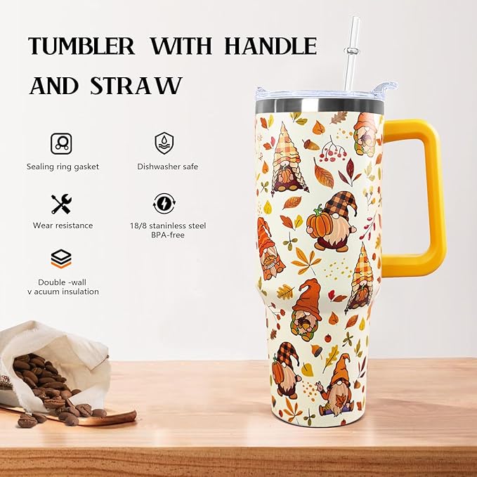 Ceovfoi 40 oz Fall Gnome Tumbler Insulated Stainless Tumbler, Fall Travel Coffee Cup Water Botter, Autumn Fall Gift for Thanksgiving Christmas - Bloomnest