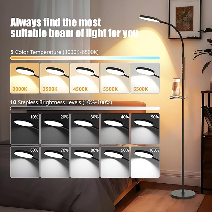 Light Therapy Lamp, 3-in-1 Floor Lamp 11000 Lux, Sunlight Lamp with Remote & Timer, LED UV-Free Sun Lamp with Adjustable 10 Brightness & 5 Color Temperature for Living Room Bedroom Office, Black - Bloomnest