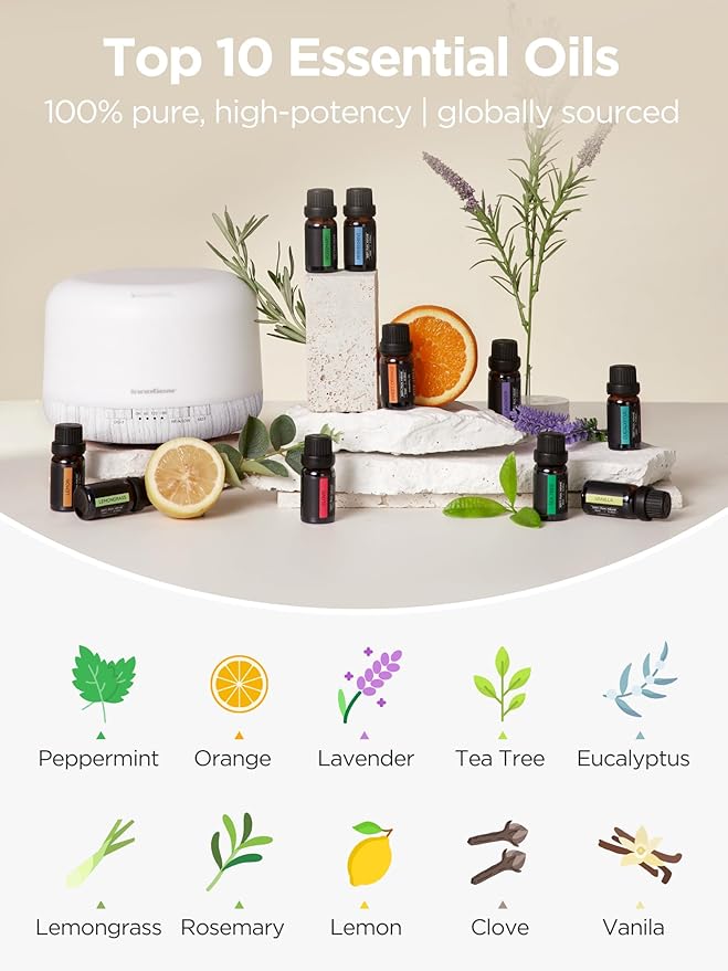 InnoGear Aromatherapy Diffuser & 10 Essential Oils Set, 500ml Essential Oil Diffuser with Remote Control Ultrasonic Cool Mist Scent Humidifier Vaporizer Auto-Off Timer for Room Office Home, White - Bloomnest