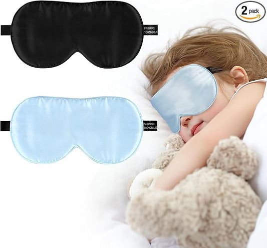 Silk Sleep Eye Mask for Kids, 100% Real Natural Pure Silk Sleeping Masks, Blindfold Sleep Eye Cover with Adjustable Strap, Soft & Lightweight Night Eyeshade for Boys Girls Teens (2 Pack)