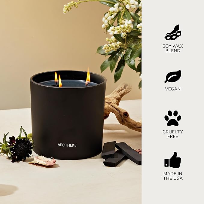 Apotheke 3-Wick Scented Candles for Home, Charcoal - 26 oz Soy Wax Jar Candle Gift for Women - Long-Lasting Fragrance with Perfume-Grade Essential Oils - Cedarwood, Sandalwood, Oud & Amber - Bloomnest