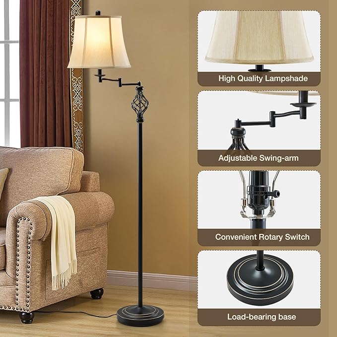 GyroVu 3 Color Temperature LED Floor lamp, Traditional 350° Adjustable Swing Arm Floor Lamp Vintage Pole lamp Farmhouse Lamp for Living Rooms & Offices, Rustic Standing Lamp for Bedroom Reading - Bloomnest