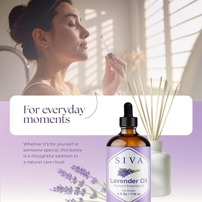 Siva Lavender Essential Oil - 4 Fl Oz – 100% Natural Lavender Oil - for Diffuser, Face, Skin Care, Aromatherapy, Hair Care, Scalp and Body Massage - with Dropper - Bloomnest