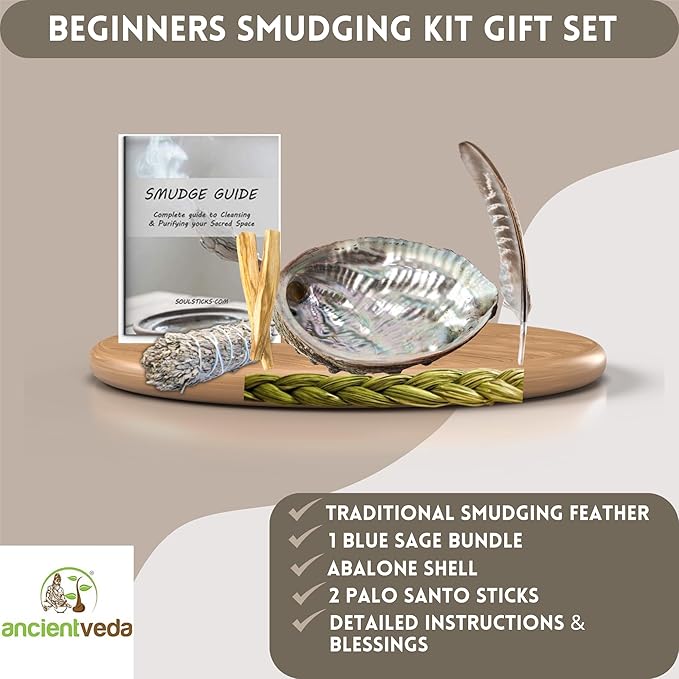 Ancient VEDA Sage Smudge Kit | Blue Sage, Sweetgrass & Palo Santo Sticks - Meditation, Yoga & Home Cleansing Kit