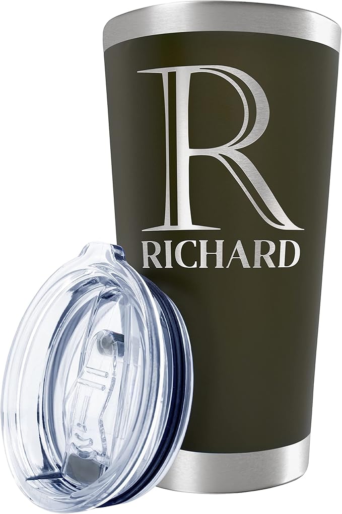 Personalized Tumbler with Engraved Name - 12 Designs, 20 Oz Coffee Tumbler with Slider Lid, Army Green, Double Wall Insulated - Custom Gifts for Men - Bloomnest