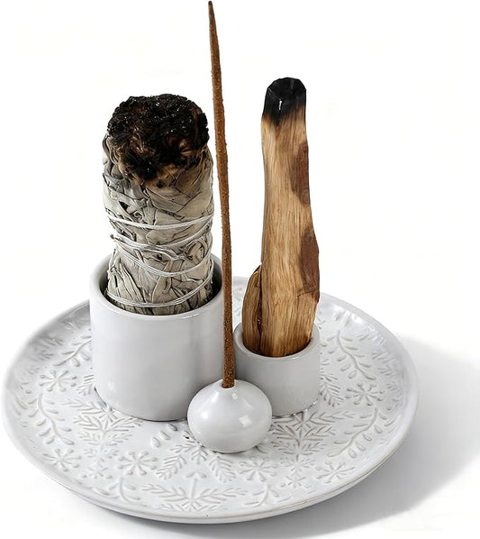 5 in 1 Incense Holder Burner, 5.9" Ceramic Holder for Burning Palo Santo Sage Candle and Incense Sticks Cones, Ash Catcher Tray for Meditation Room Home Décor(White) - Bloomnest