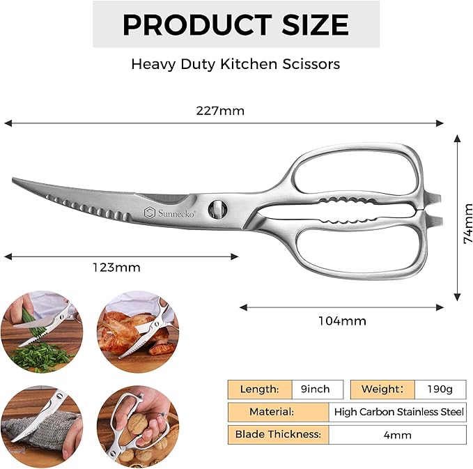 Sunnecko Kitchen Scissors for Food, Heavy Duty Scissors All Purpose Kitchen Shears That Come Apart, 9 Inch Fully Forged Stainless Steel with Curved Blades - Bloomnest