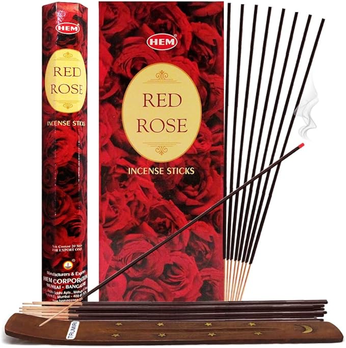TRUMIRI Red Rose Incense Stick Bundle: 120 Count (6 Packets of 20 Sticks Each) with Trumiri Incense Holder TRUMIRI