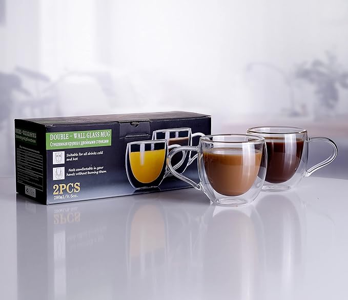 CNGLASS Double Wall Glass Coffee Mugs with Handle,10oz Clear Insulated Glass Espresso Cups for Hot and Cold Beverages,Latte,Cappuccino,Set of 2 - Bloomnest