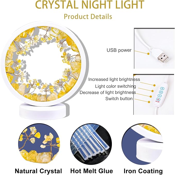 Runyangshi Natural Crystal Citrine Small Tree Round White Frame Tri-Color Ambient Light Home Decoration Night Light Healing Decor Gift - Bloomnest