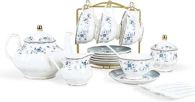 fanquare 15 Piece Blue Rose Porcelain Tea Set, British Floral Teapot with Tea Cups, Women Tea Party Set for 6 - Bloomnest