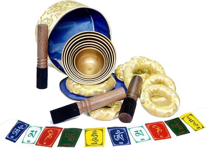 Tibetan Singing Bowl Set of 7 Himalayan Bowl Vajra Engraved Chakra bowl Authentic 7 metals Handmade in Nepal for Yoga, Chakra healing, Deep Relaxation Mindfulness - Bloomnest
