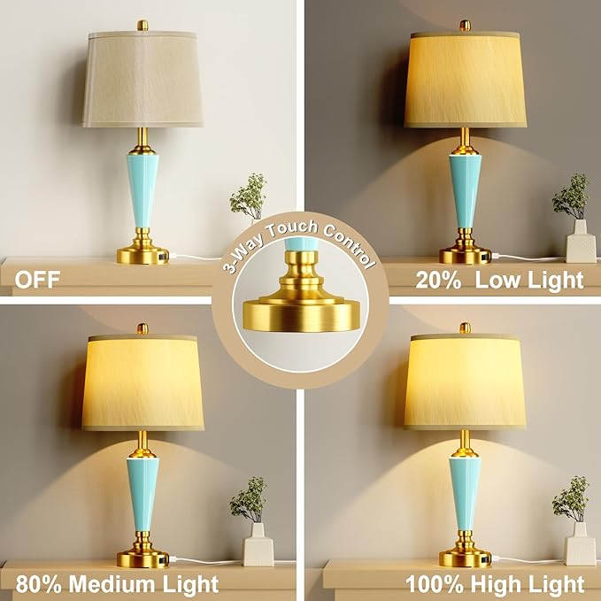 24" Ceramic Table Lamp with 3 Way Dimmable Touch Lamps - 2 USB Ports & AC Outlet Bedside Lamps, Modern Nightstand Lamp for Bedroom Living Room Office (Bulb Included) (Sky Blue-2 Pack) - Bloomnest