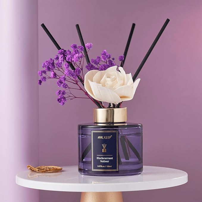 Airkeep Flower Reed Diffusers Set, 5.07 oz Blackcurrant Vetiver Scented Oil Diffuser with 8 Reed Sticks, Home Fragrance Diffuser Gift Set for Bathroom & Office Decor 150ml - Bloomnest