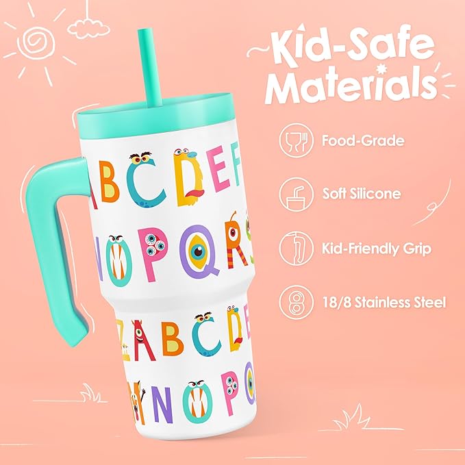 Alphabet Tumbler 20oz with Handle and Silicone Straw Lid for Kid, Insulated Stainless Steel Cup with Monster Design, Gift for Kids Girls Boys, Gifts Idea for Birthday Christmas Back to School - Bloomnest