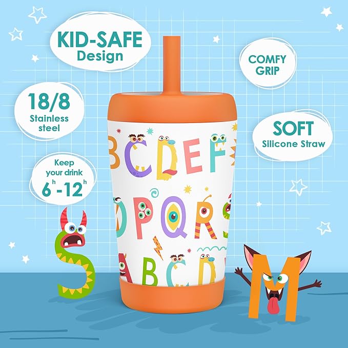 Kid Insulated Stainless Steel Tumbler with Silicone Straw, 12oz Sippy Cup for Kids (Alphabet) - Bloomnest