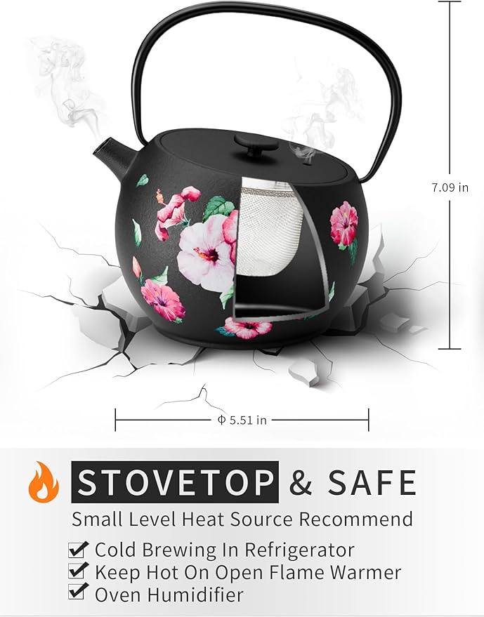 Toptier Teapot with Removable Infuser, Cast Iron Tea Kettle Stovetop Safe, Solid Geometry Ball Design Tea Pot Coated with Enameled Interior for 32 Ounce (950 ml), Morning Glory - Bloomnest
