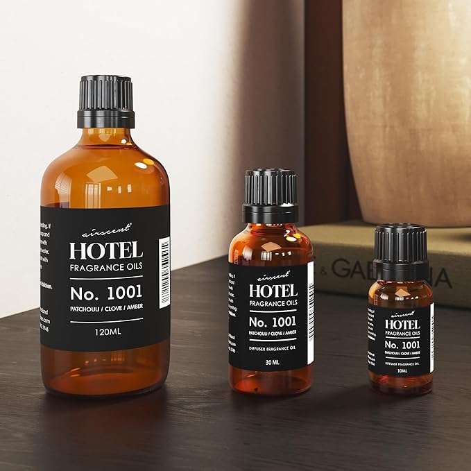 AirScent Hotel Diffuser Oil No. 1001 - Patchouli Clove Amber - Hotel Scent Dupe - Premium Fragrance Oil for Ultrasonic and Waterless Diffusers- 120 mL, 4 fl oz Glass Dropper Bottle Airscent