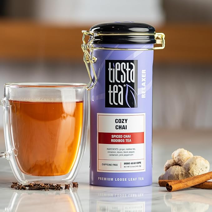 Tiesta Tea - Cozy Chai, Loose Leaf, Spiced Chai Rooibos Tea, Premium Caffeine-Free Blend, Makes Hot or Iced & Up to 50 Cups, 5oz Refillable Tin - Bloomnest