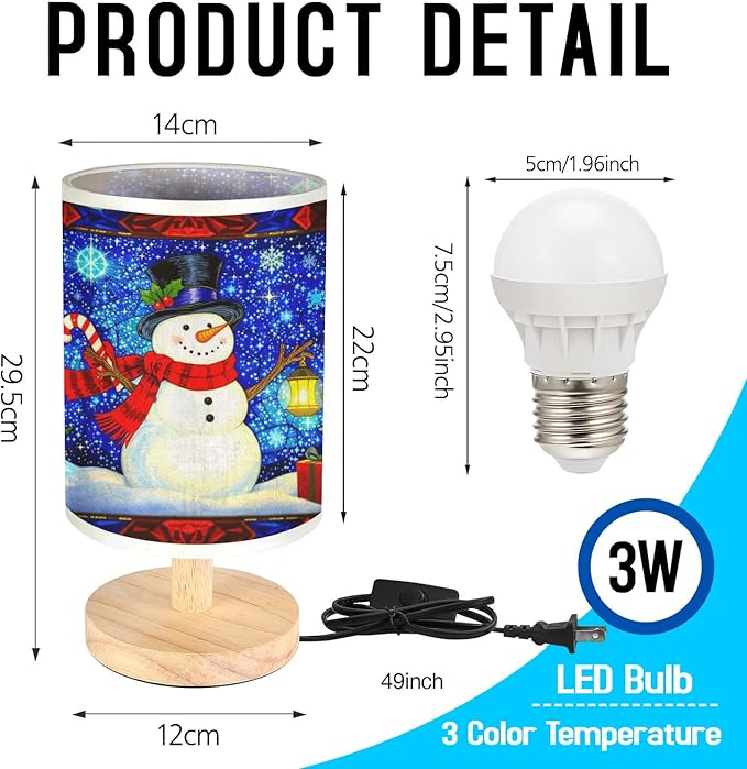 Cheerful Snowman Table Lamp LED 3-Color Pressed Bedside for Merry Christmas, Cheerful Snowman Shade Christmas Table Lamp with Wood Base for Bedroom Living Room Desk Office - Bloomnest