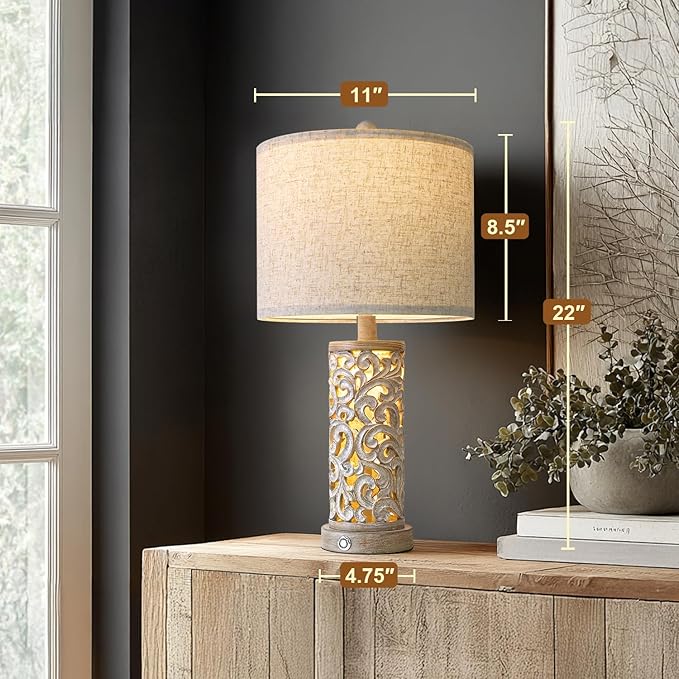 22" Farmhouse Table Lamp,Dual Light Touch Lamp with 3-Level Dimming,Lamps for Bedroom with USB A+C Charging Ports,Lamps for Living Room - Bloomnest
