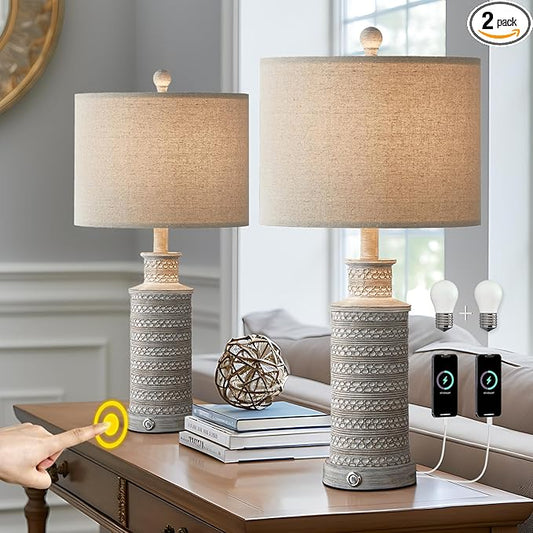 BOBOMOMO 3-Way Dimmable Touch Control Table Lamp Set of 2 with Dual USB Charging Ports for Bedroom Living Room Vintage Rustic Farmhouse Traditional Nightstand Bedside Lamps(Bulbs Included) - Bloomnest