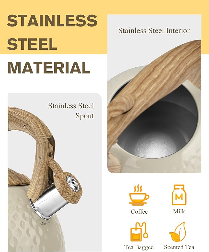 Tea Kettle Stovetop Teapot, 2.5 Quart Loud Whistle Food Grade Stainless Steel and Smooth Wood Pattern Handle, Sophisticated Look for Hiking, Picnic, for Tea, Coffee Milky White - Bloomnest