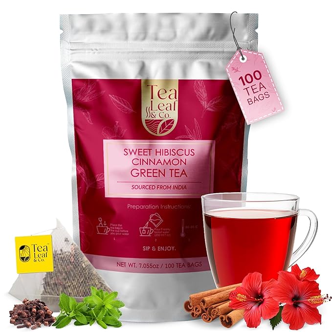 Tealeaf & Co. Sweet Hibiscus Cinnamon Green Tea with Hibiscus, Cinnamon, Stevia & Clove - Green Tea Bags with Fresh Herbs and Spices (Low Caffeine) - 100 Teabags - Bloomnest