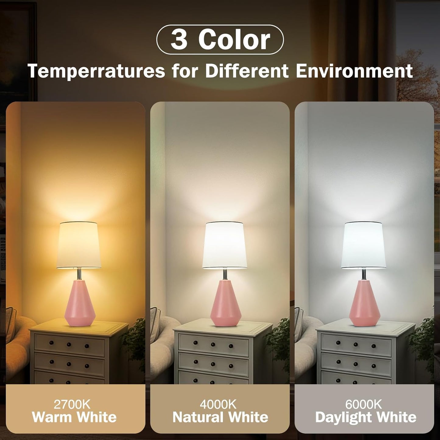 Small Bedside Table Lamp for Bedroom-Reading Desk Lamp Set of 2,with 3 Color Temperatures,15.5" Nightstand Ceramic Lamp with Fabric Shade for Kids Room,Living Room,Dorm,Home Office(Pink+White)